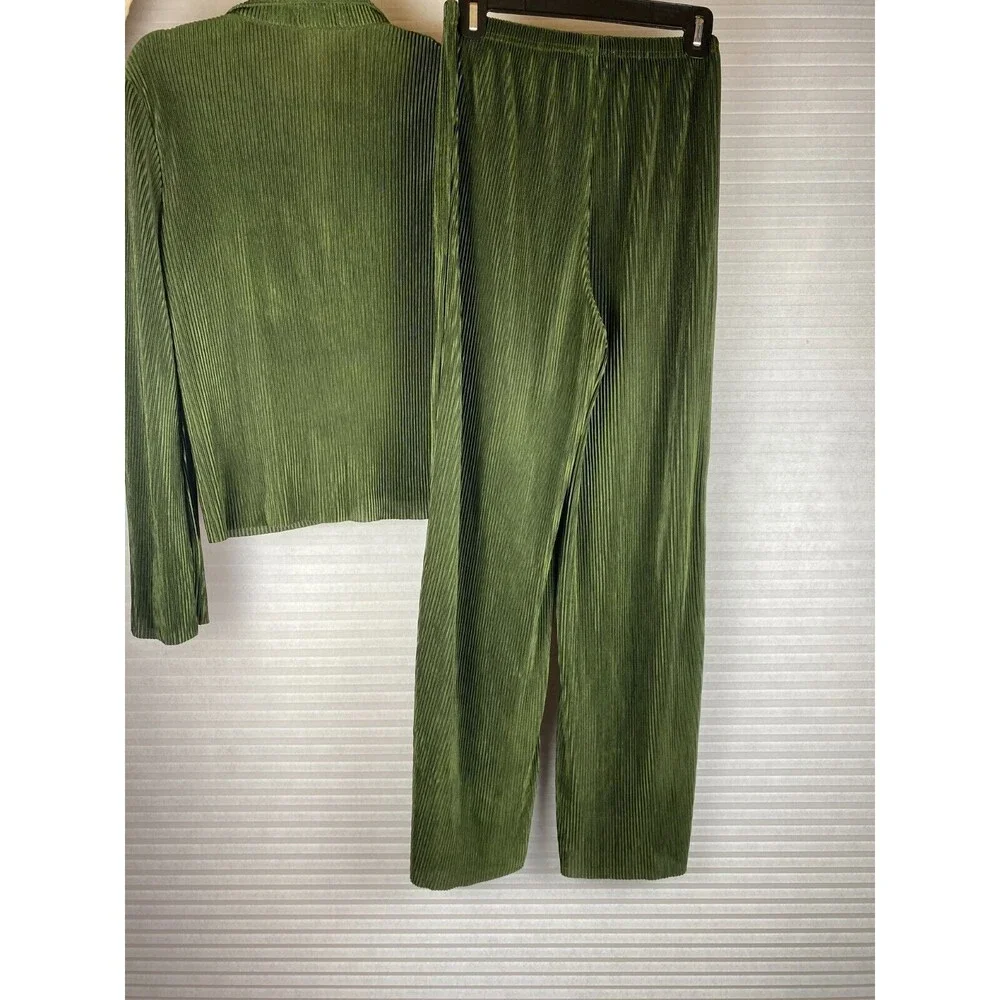 Say Anything 2pc Top Pants Sz M Olive Green Ribbed Long Sleeve Button Down Sheer - Picture 9 of 14
